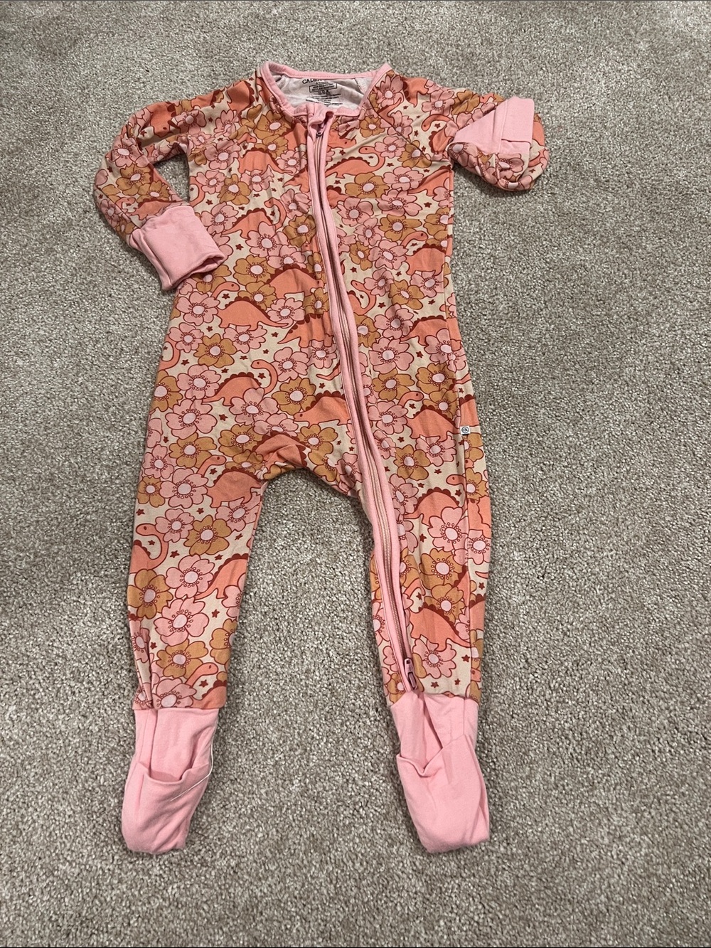 Caden Lane Pink & Peach Floral Dinosaur Zip Footed One-Piece